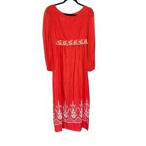 Vintage 1970s Poppy Orange Red Gauzy Maxi Dress Long Sleeve Sheer Embroidered